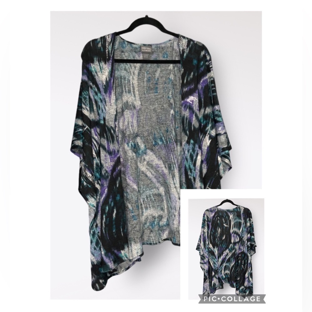 Additions By Chico’s Turquoise~Black~Silver Metallic Contemporary Print Shrug OS